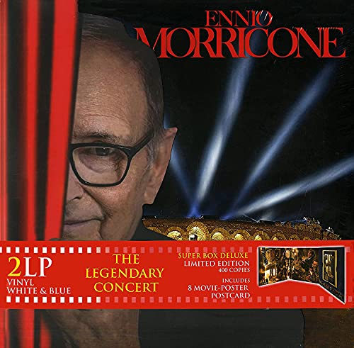 Ennio Morricone portrait on vinyl album cover with red stripes and concert lighting.