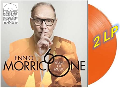 Ennio Morricone portrait with orange vinyl record, “Morricone 60” album art.
