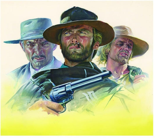 Painting of three men in cowboy hats, one holding a revolver.