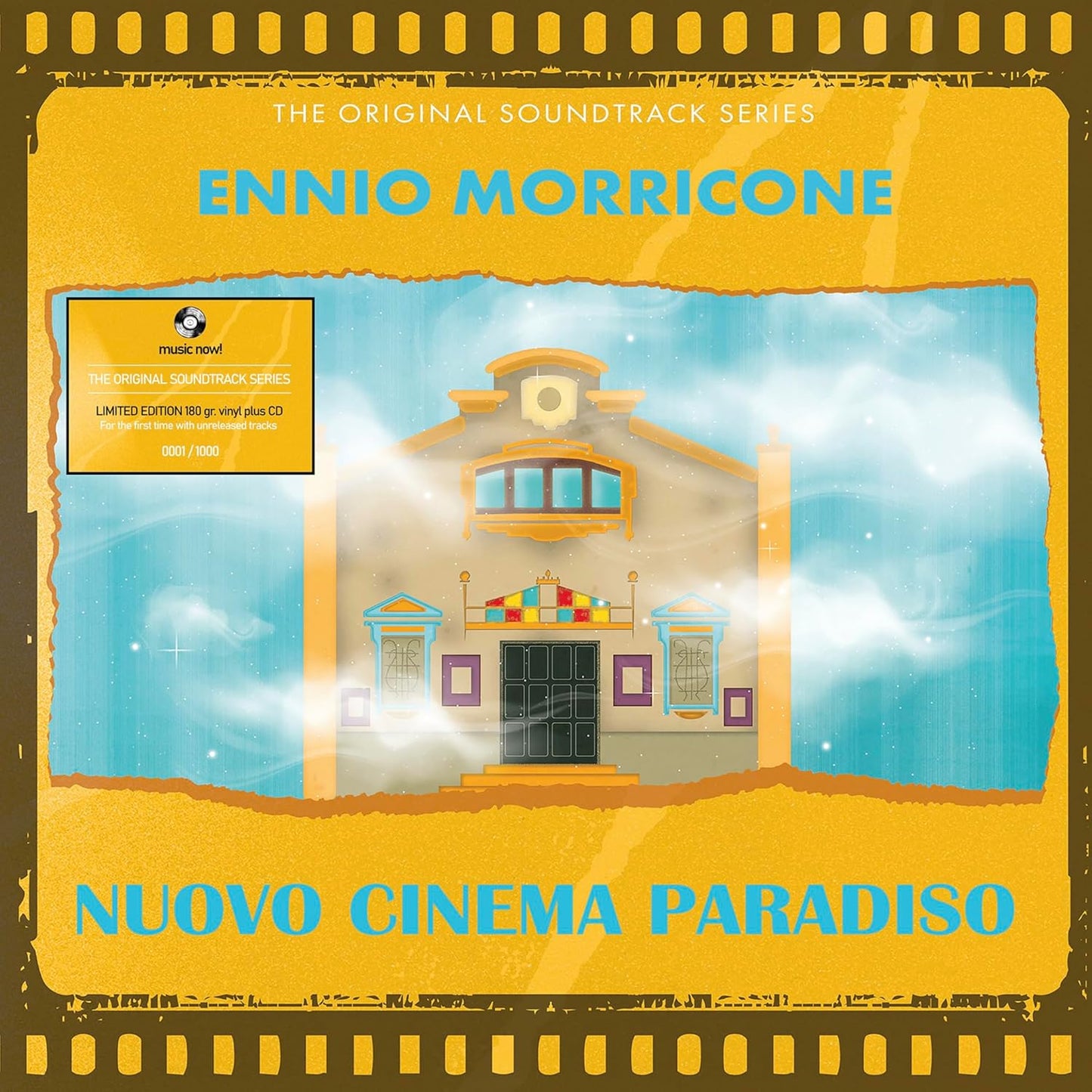 Nuovo Cinema Paradiso soundtrack cover: illustrated cinema in a yellow field.