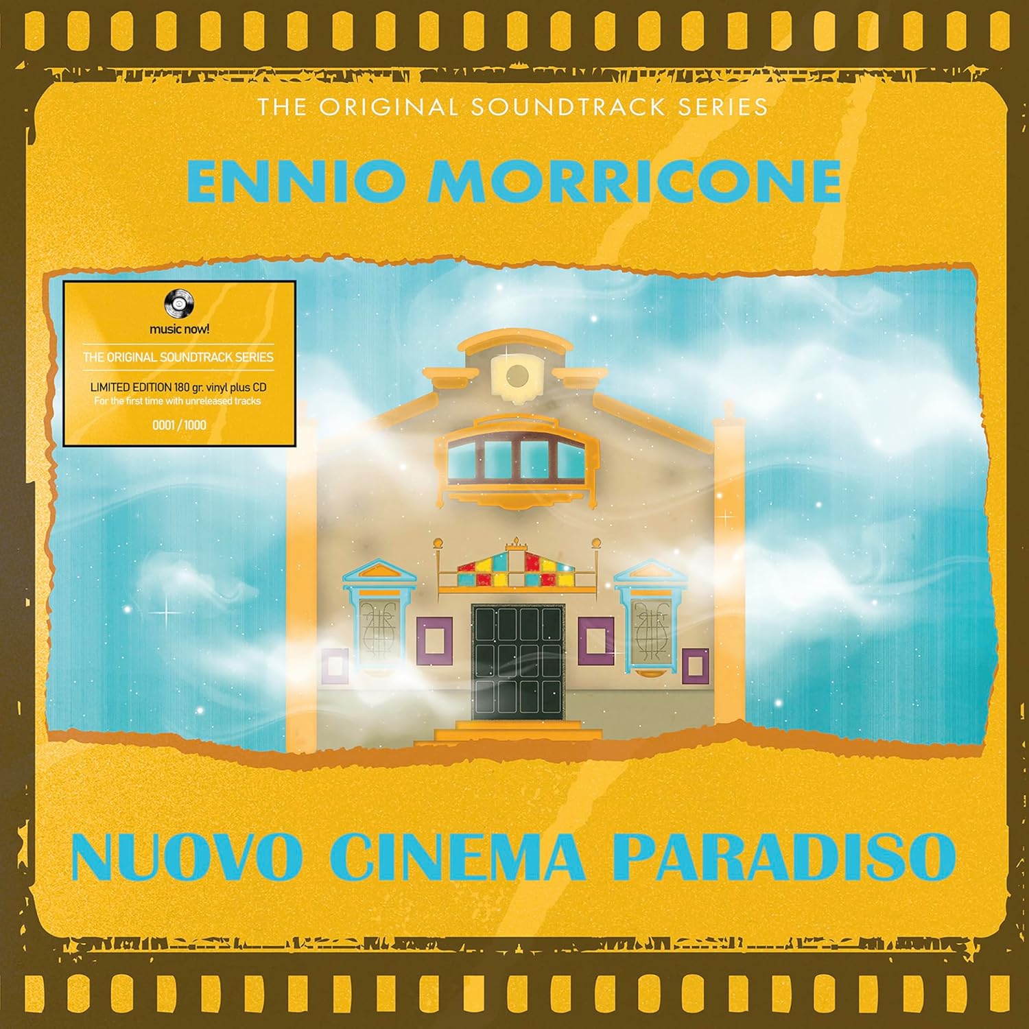 Nuovo Cinema Paradiso soundtrack cover: illustrated cinema in a yellow field.