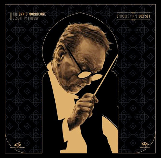 Ennio Morricone portrait on vinyl album cover, sepia tone, conducting.