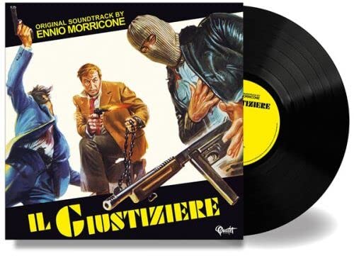 Vinyl record cover art featuring three men in a crime scene with a machine gun.