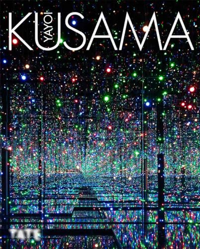 Book cover titled KUSAMA featuring an infinity mirror room with many colorful glowing lights.