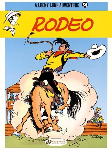 Lucky Luke riding a bucking horse in a rodeo arena on a comic cover.