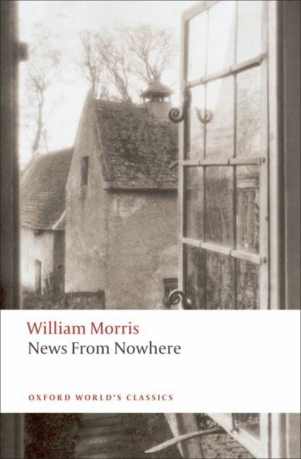 Book cover: "News From Nowhere" by William Morris, with a rural scene.