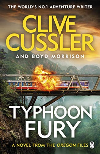 "Book cover of 'Typhoon Fury' showing a train on fire crossing a bridge."