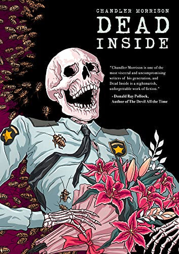 A skull in a police uniform holds pink lilies, surrounded by a swarm of cockroaches.