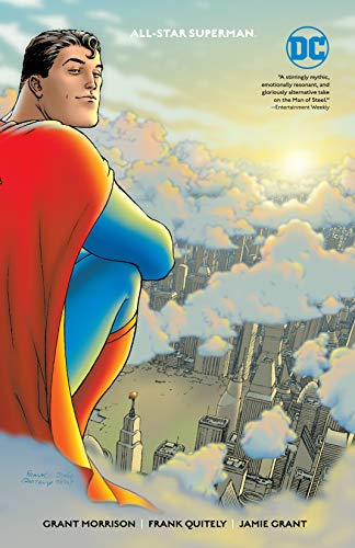 Superman sits in the sky overlooking a city at sunrise on a comic cover.