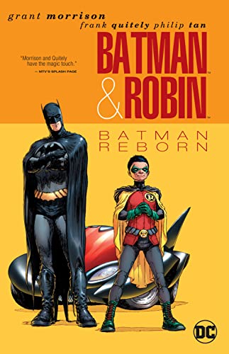 Batman and Robin stand before a red car on an orange background.