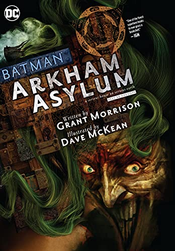 Book cover for "Batman: Arkham Asylum" featuring The Joker’s face.