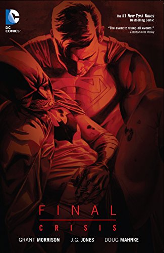 Batman holds a limp Superman against a red, textured background.