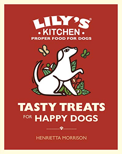 Red book cover with cartoon dog, text “Tasty Treats for Happy Dogs.”