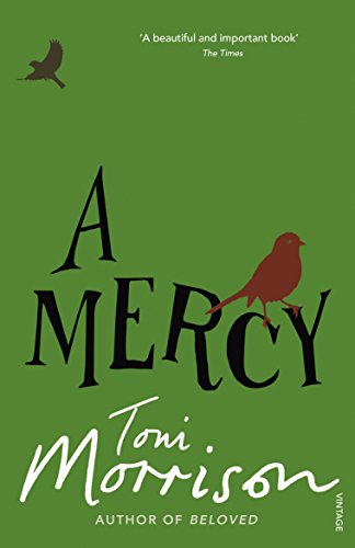 Book cover: green background, large black text "A Mercy" and red bird illustration.