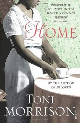 "Book cover: 'Home' by Toni Morrison, with blue thread on purple background."