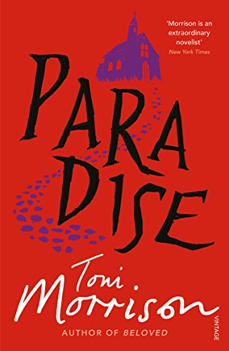 Book cover for Paradise by Toni Morrison featuring a purple church on red background.