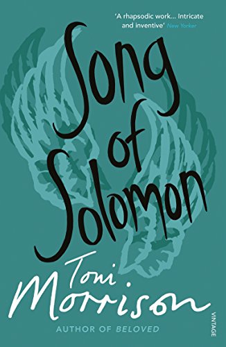 "Book cover of 'Song of Solomon' by Toni Morrison, teal background with feather design."
