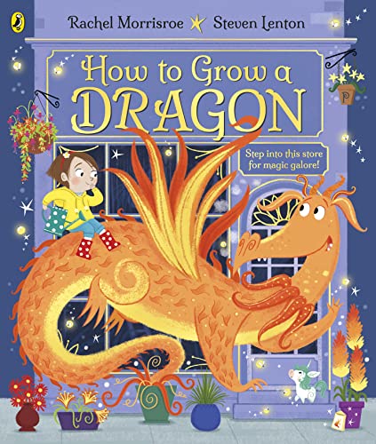 A child in a yellow raincoat rides an orange dragon in front of a shop.