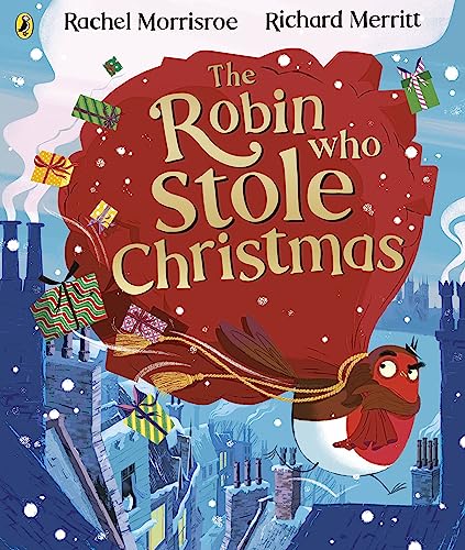 Book cover: a robin flying with a large, red sack over a town.
