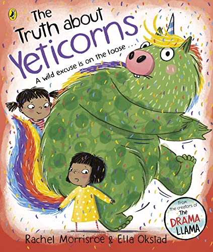 Book cover: a large, fluffy green “Yeticorn” with children nearby.