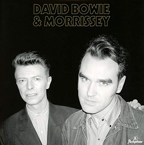 Black and white portrait of David Bowie and Morrissey, vinyl record cover.