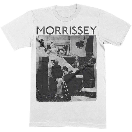 White t-shirt with black and white Morrissey "Barber Shop" image.