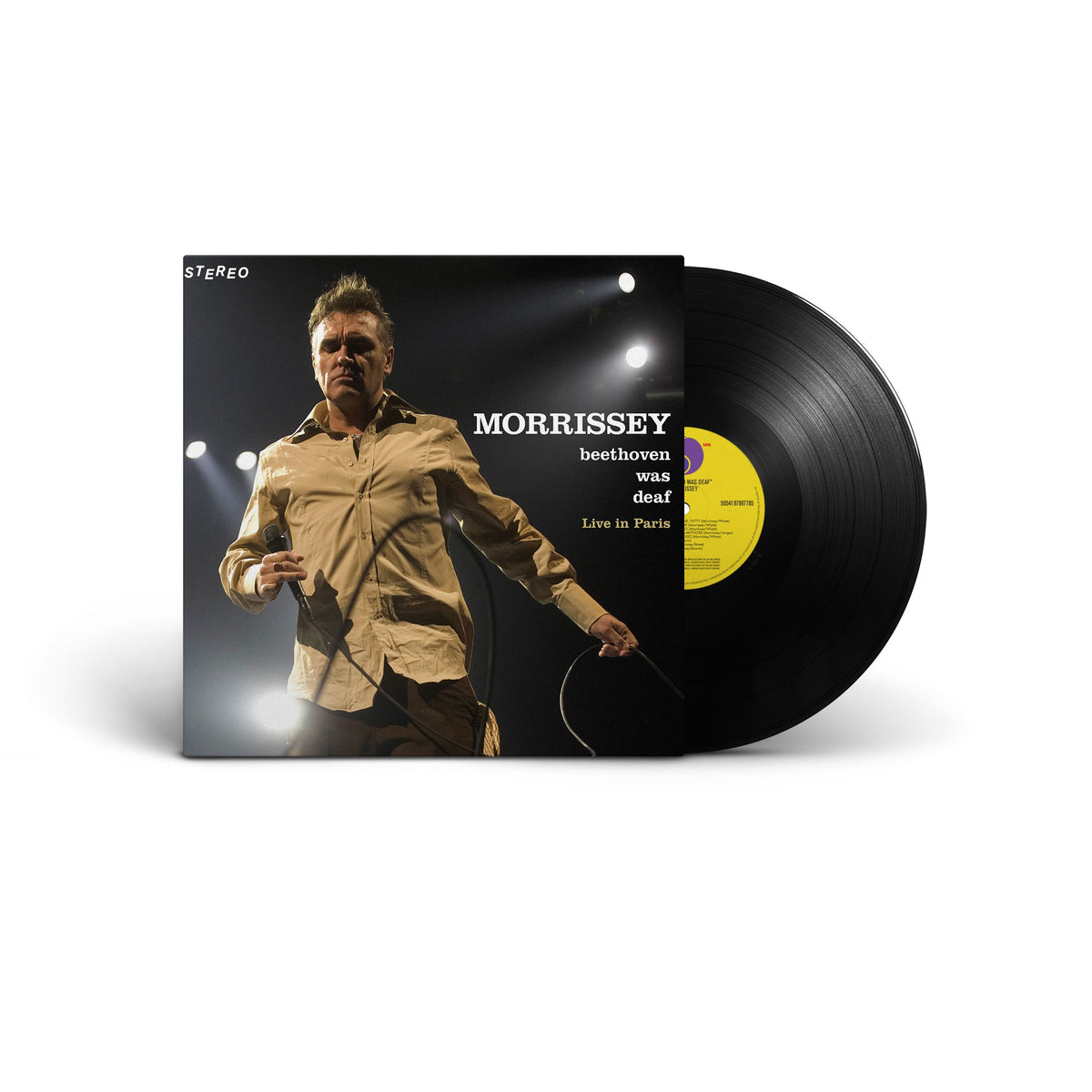Morrissey album cover with a vinyl record, featuring a portrait and text.