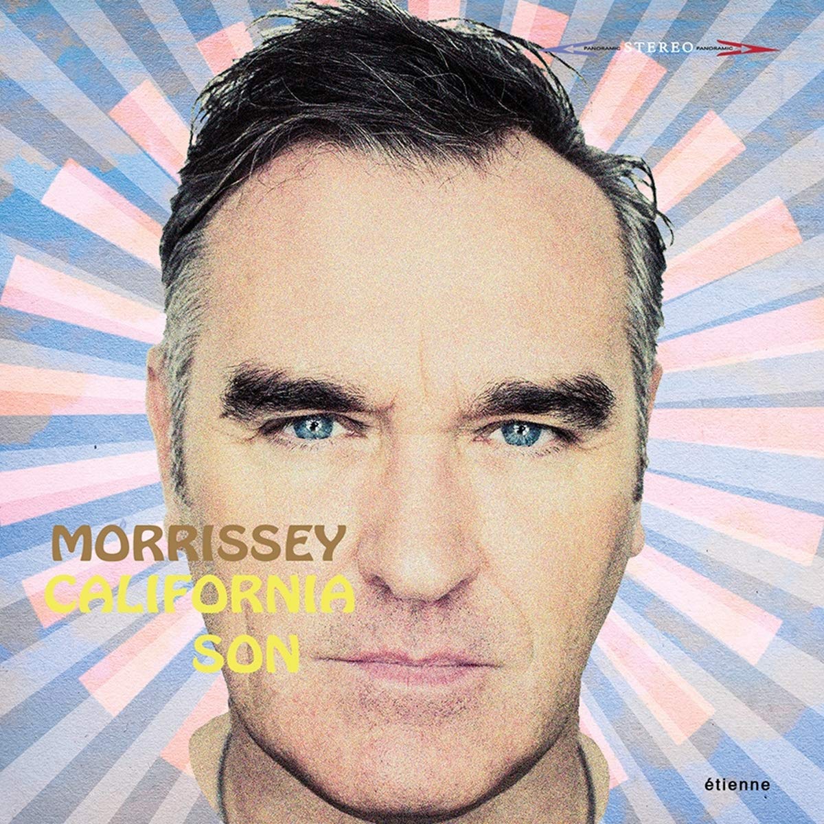 Morrissey's album cover featuring his face with blue and pink striped background.