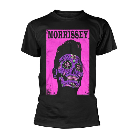 Black t-shirt with a pink and green Day of the Dead skull design.