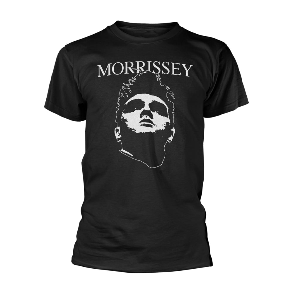 Black t-shirt with white graphic of Morrissey's face and name.