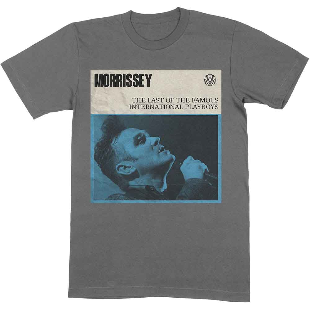 Charcoal grey t-shirt featuring a Morrissey graphic with text and a blue-toned portrait.