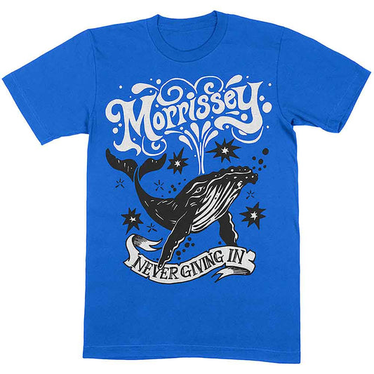 Blue t-shirt featuring a black whale illustration, Morrissey text, and a Never Giving In banner.