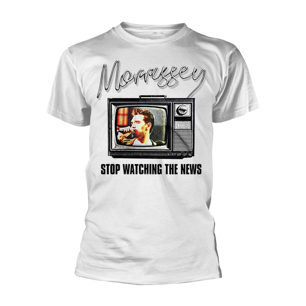 White t-shirt with Morrissey graphic of a singer and television.