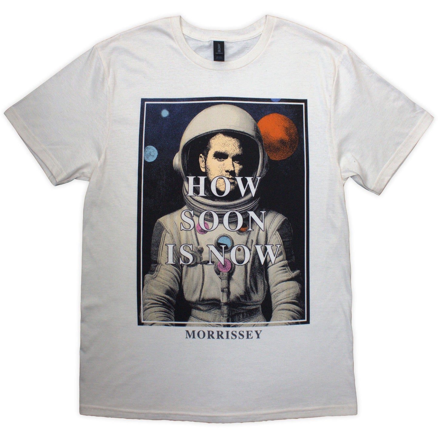 Beige unisex t-shirt with "How Soon Is Now?" Morrissey lyrics design, size XX-Large.