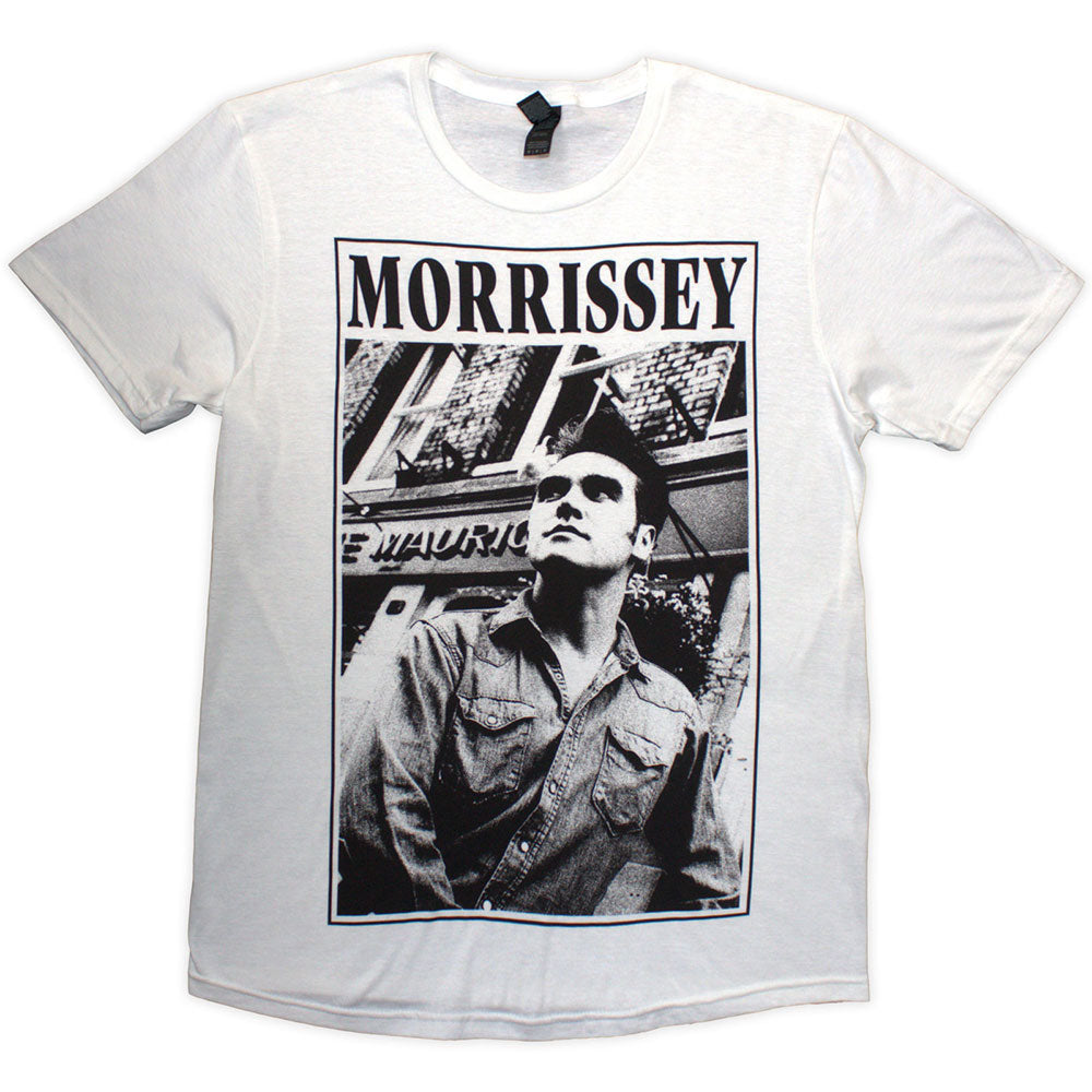 White unisex t-shirt featuring black and white portrait of Morrissey, size XX-Large.