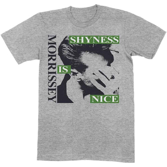 Grey Morrissey t-shirt with portrait and "Shyness is Nice" text.