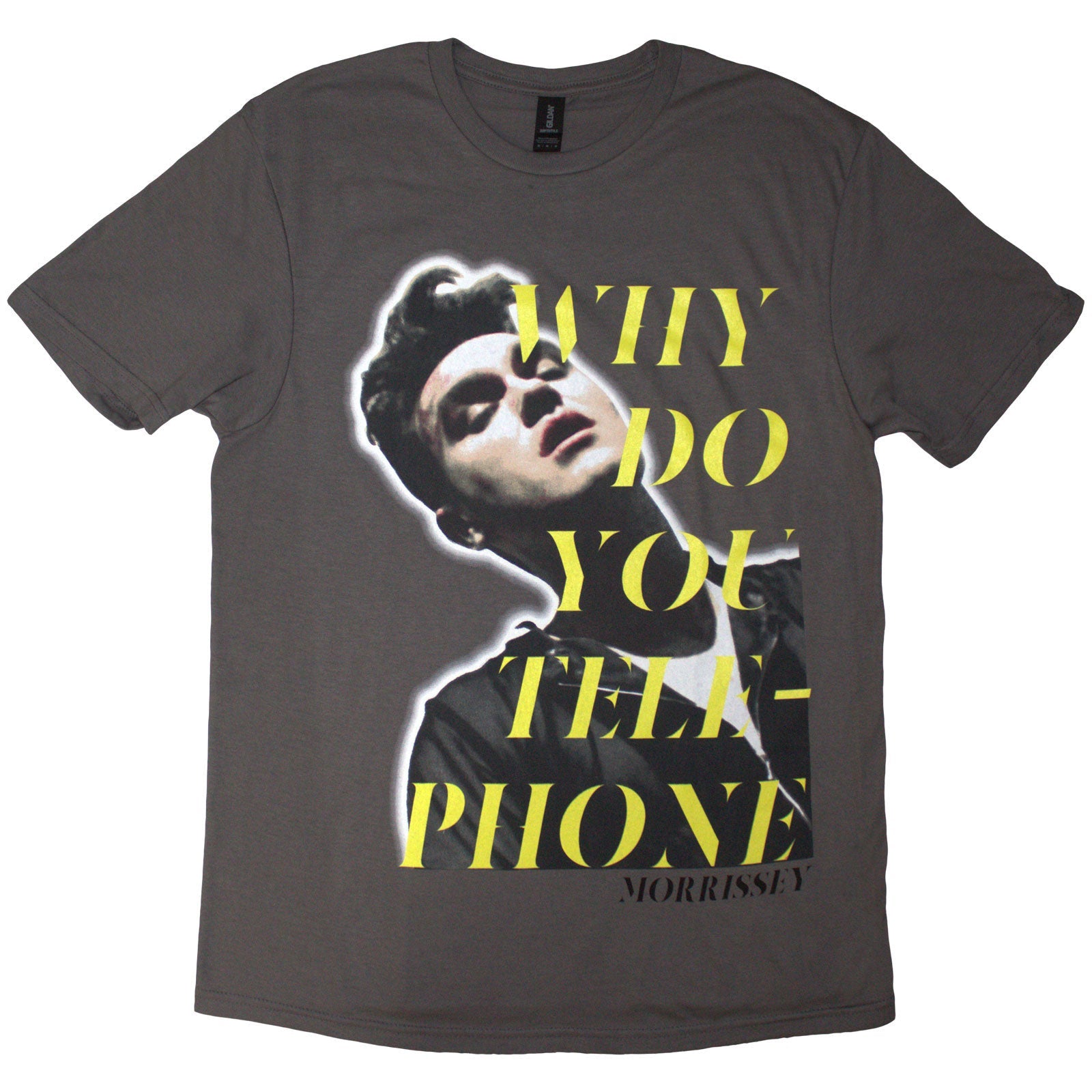 Charcoal grey unisex t-shirt featuring Morrissey's "Why Do You Telephone?" design.