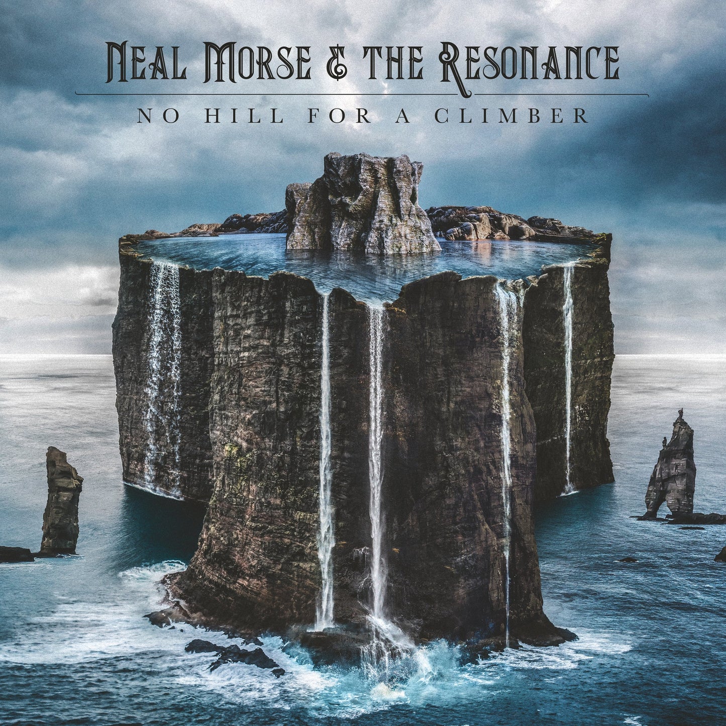 Album cover: mountainous island with waterfalls, stormy sea, and text.