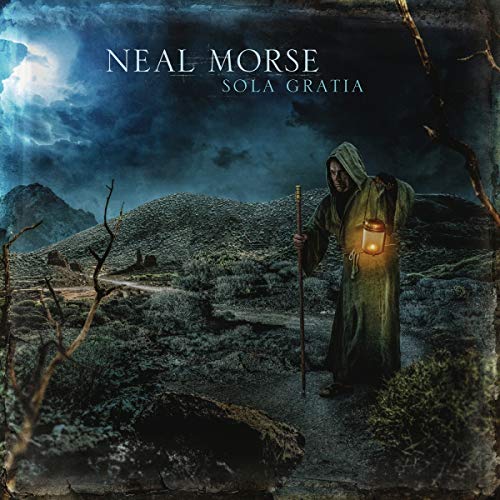 Hooded figure with lantern stands on a rocky path under a stormy sky.