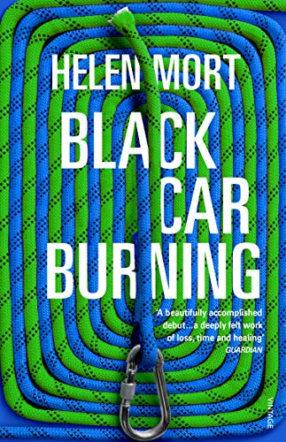 Book cover: "Black Car Burning" with coiled rope and a carabiner.