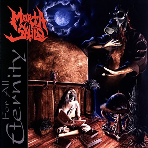 Album cover: figure in gas mask, girl reading, moonlit, dark fantasy art.