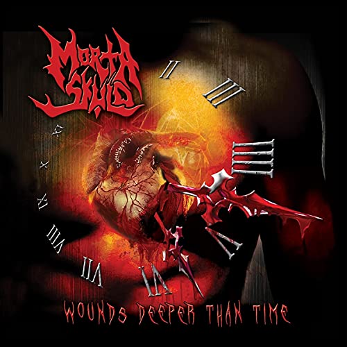 CD cover for Morta Skuld’s “Wounds Deeper Than Time,” featuring a heart and clock.