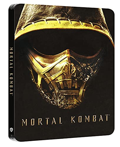 Mortal Kombat steelbook Blu-ray case featuring Scorpion's golden mask against a dark background.