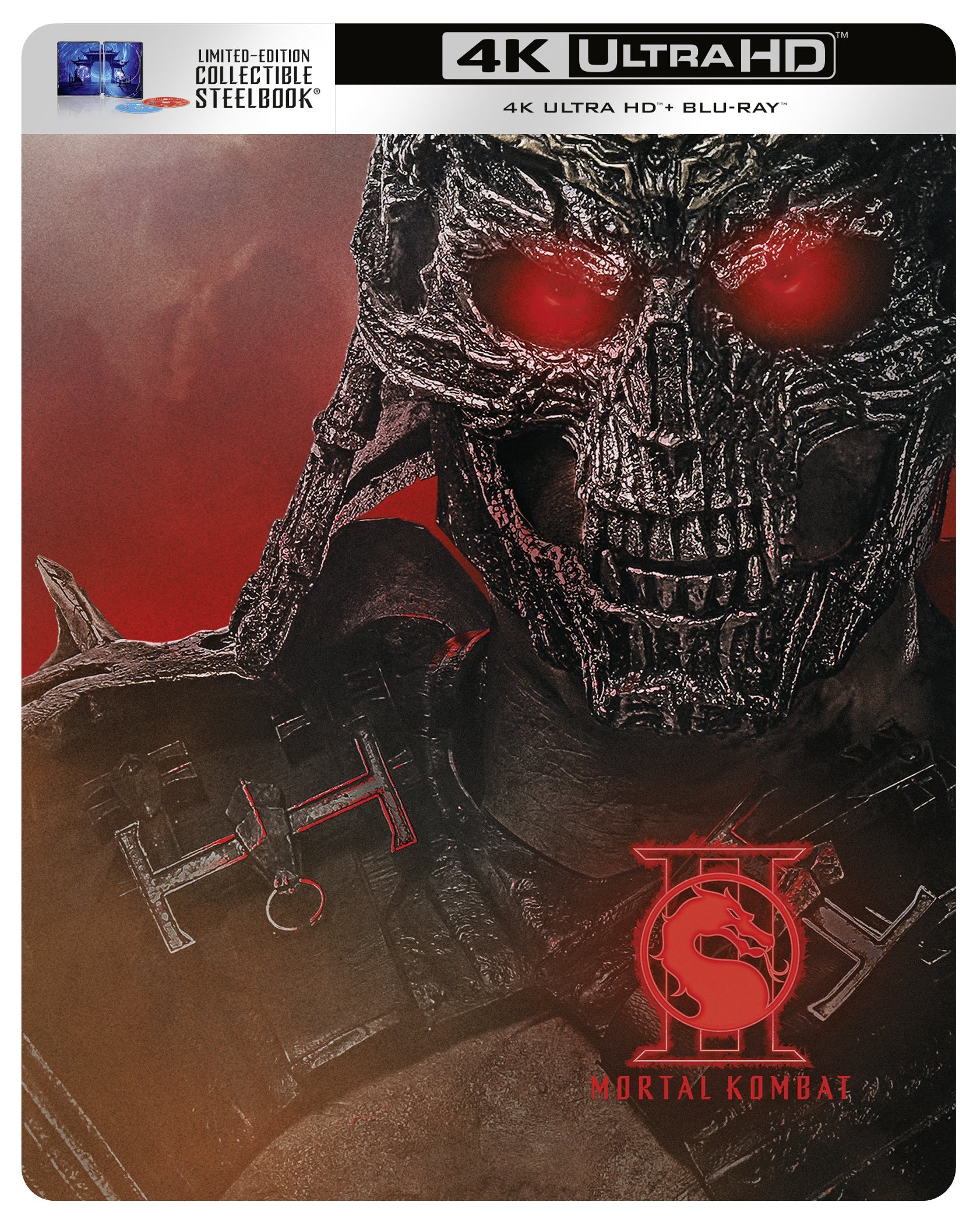 Mortal Kombat II SteelBook Blu-ray cover featuring Shao Kahn with logo.