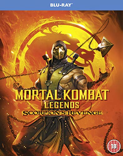 "Blu-ray cover featuring Scorpion from Mortal Kombat, surrounded by flames and chains."