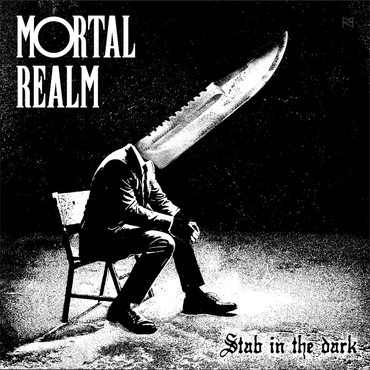Black and white album cover depicting a figure with a knife to the head.