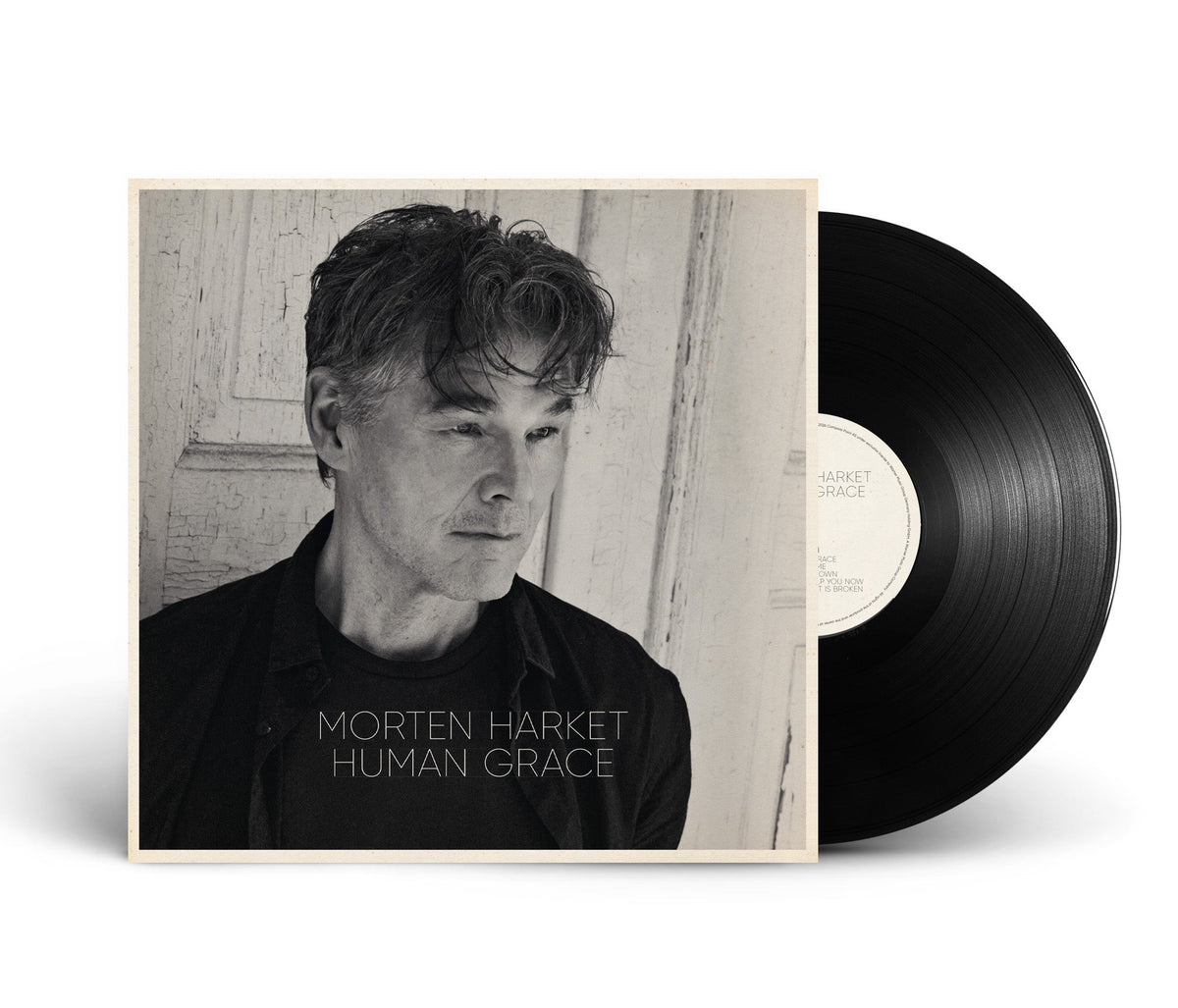 Morten Harket album cover and black vinyl record, sepia toned portrait.