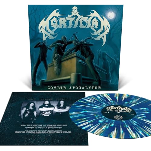 Mortician - Zombie Apocalypse" vinyl record with zombie-themed cover art and colorful disc.