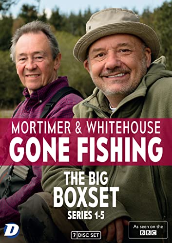 Bob Mortimer and Paul Whitehouse smiling outdoors on the Mortimer and Whitehouse Gone Fishing DVD.