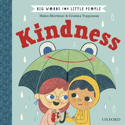 Book cover: "Kindness" with illustrated children under a smiling umbrella.